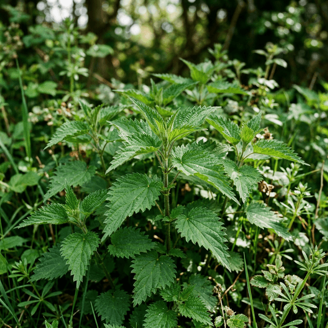 Stinging nettles at a hedgerow edge